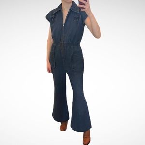 Vintage 1970s Blue Denim Wide Leg Retro Jumpsuit